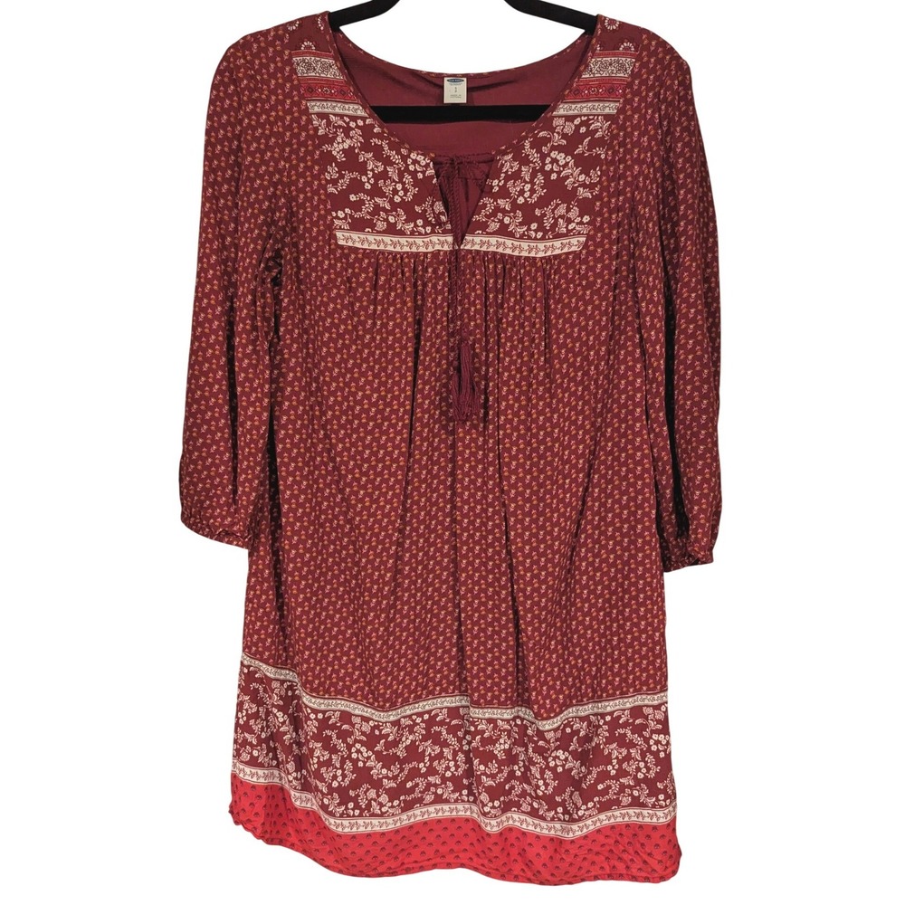 Old Navy Boho Floral Shift Dress S Burgundy Tassel Split Neck Mini Peasant Boho
